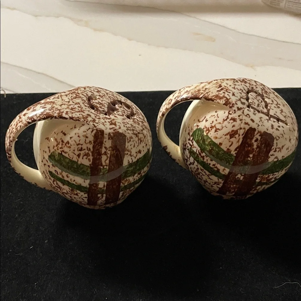 Speckled Ceramic Salt and Pepper Shakers with Green Band
